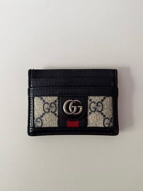 Gucci Black Leather GG Canvas Card Case with Red Stripe